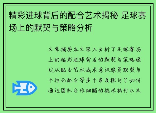 精彩进球背后的配合艺术揭秘 足球赛场上的默契与策略分析