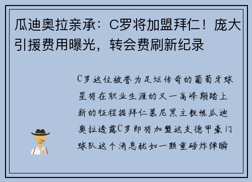 瓜迪奥拉亲承：C罗将加盟拜仁！庞大引援费用曝光，转会费刷新纪录