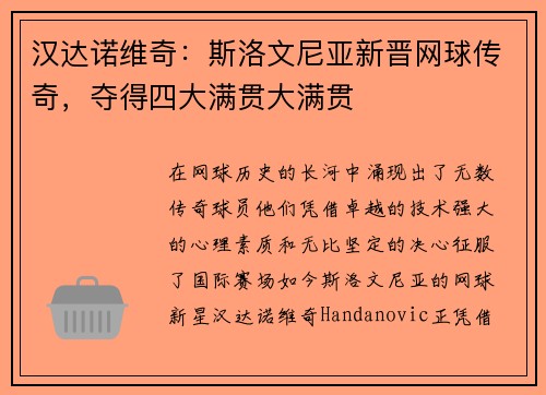 汉达诺维奇：斯洛文尼亚新晋网球传奇，夺得四大满贯大满贯